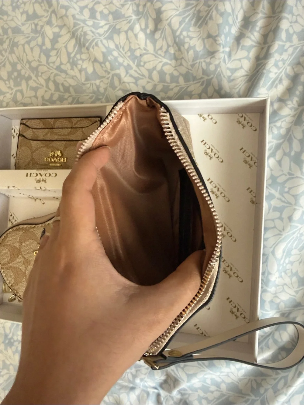 Coach Khaki/Chalk Signature Canvas Wristlet Set with Coin Pouch